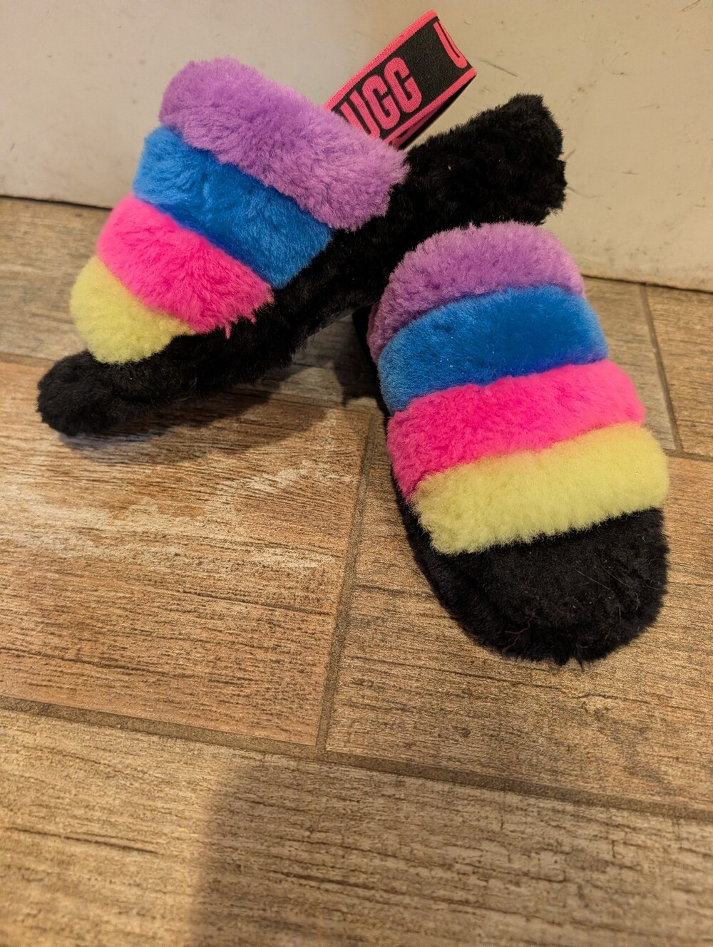 UGG Rainbow Shearling Slide Sandals - Black with Multi-Color Stripes